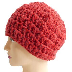 Mohair Lambswool Chunky Red Beanie Handmade Crochet Beret Hand Knit 8.5" NWT